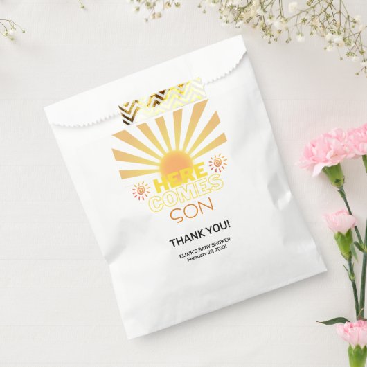 Gele strepen hier komt het Son Baby shower Bedankzakje (Gezegeld)