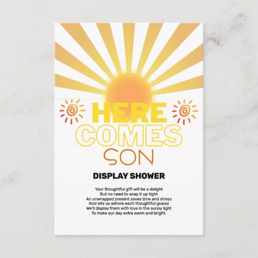 Gele strepen hier komt het Son Baby shower Informatiekaartje (Voorkant)