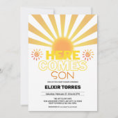 Gele strepen hier komt het Son Baby shower Kaart (Voorkant)