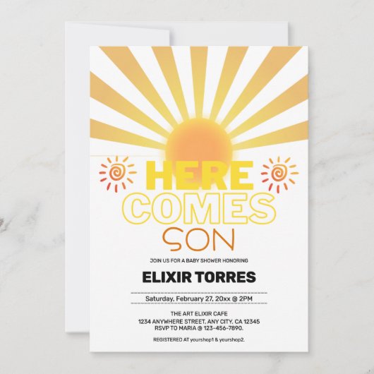 Gele strepen hier komt het Son Baby shower Kaart (Voorkant)