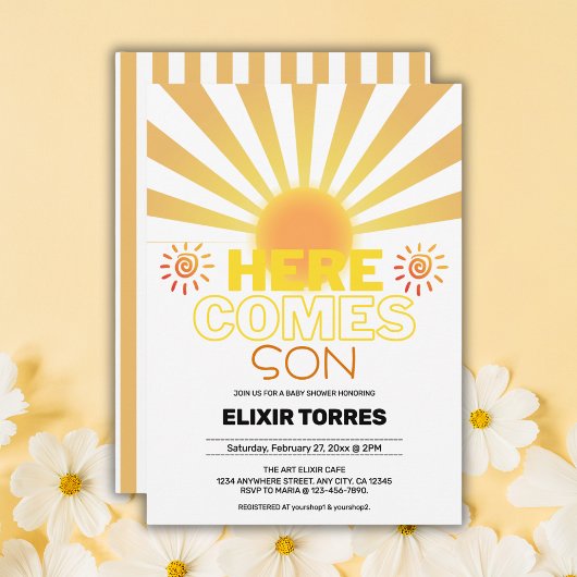 Gele strepen hier komt het Son Baby shower Kaart