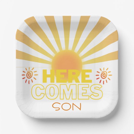 Gele strepen hier komt het Son Baby shower Papieren Bordje (Voorkant)