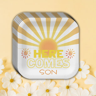 Gele strepen hier komt het Son Baby shower Papieren Bordje