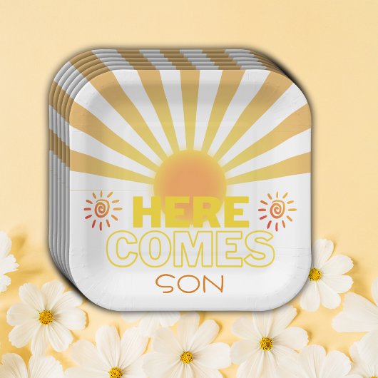 Gele strepen hier komt het Son Baby shower Papieren Bordje