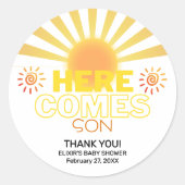 Gele strepen hier komt het Son Baby shower Ronde Sticker (Voorkant)