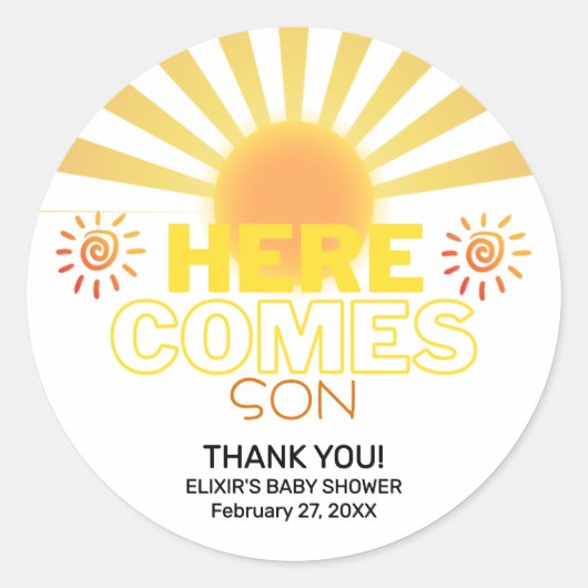 Gele strepen hier komt het Son Baby shower Ronde Sticker (Voorkant)
