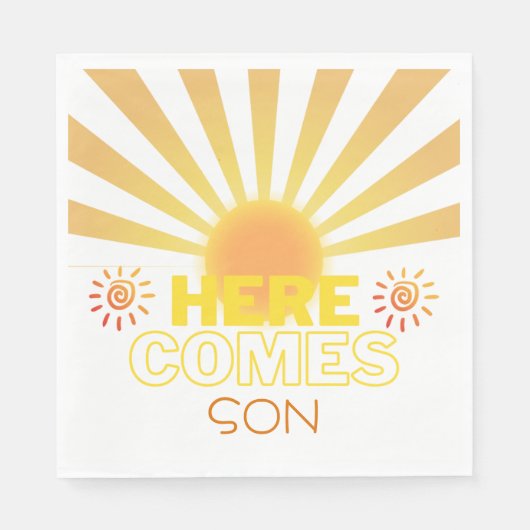 Gele strepen hier komt het Son Baby shower Servet (Voorkant)