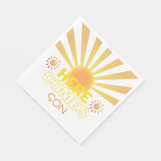 Gele strepen hier komt het Son Baby shower Servet (Hoek)