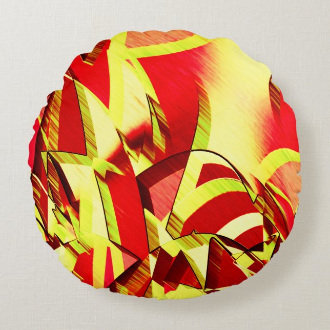 Gele strepen op rood, geboord afbeelding rond kussen (Voorkant)