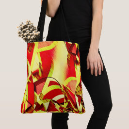 Gele strepen op rood, geboord afbeelding tote bag