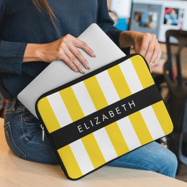 Gele strepen, streeppatroon, lijnen, Jouw naam Laptop Sleeve