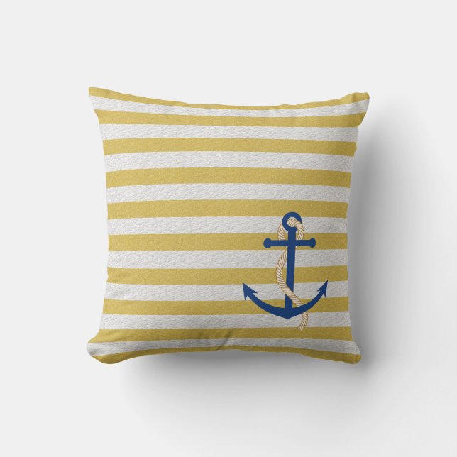 Gele Strip Nautical Pillow met Blue Anchor Kussen (Voorkant)