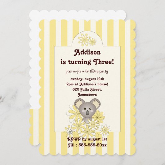 Gele Stripe Baby Koala Kinderen Verjaardaguitnodig Kaart (Voorkant / Achterkant)