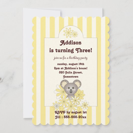 Gele Stripe Baby Koala Kinderen Verjaardaguitnodig Kaart (Voorkant)