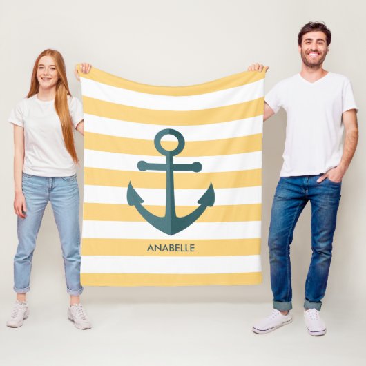 Gele strips en blauwe anker fleece deken (In situ)