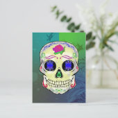 Gele Suikerschedel met Paars Roos Feestdagenkaart (Staand voorkant)