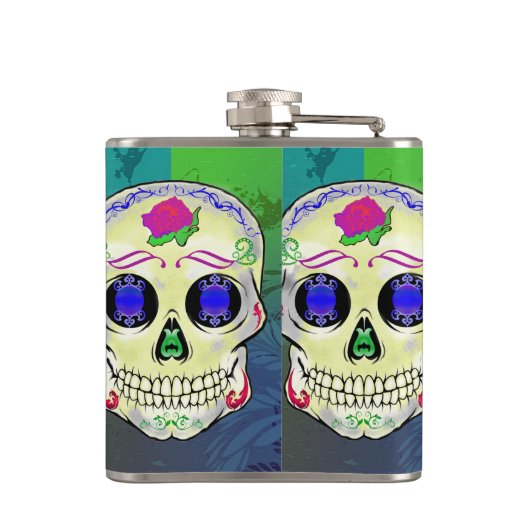 Gele Suikerschedel met Paars Roos Heupfles (Achterkant)