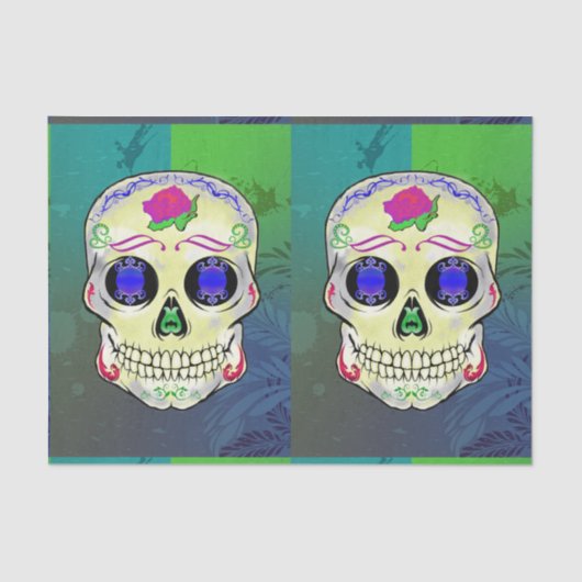 Gele Suikerschedel met Paars Roos Tissuepapier (Voorkant)