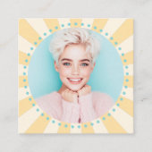 Gele sunburst aqua blue stippen trendy frisse foto vierkante visitekaartje (Voorkant)