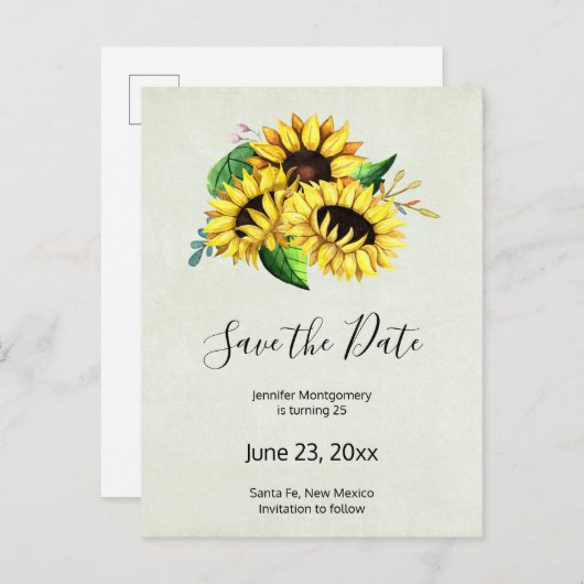 Gele Sunflower Bouquet Waterverf Save the Date Uitnodiging Briefkaart (Voorkant / Achterkant)