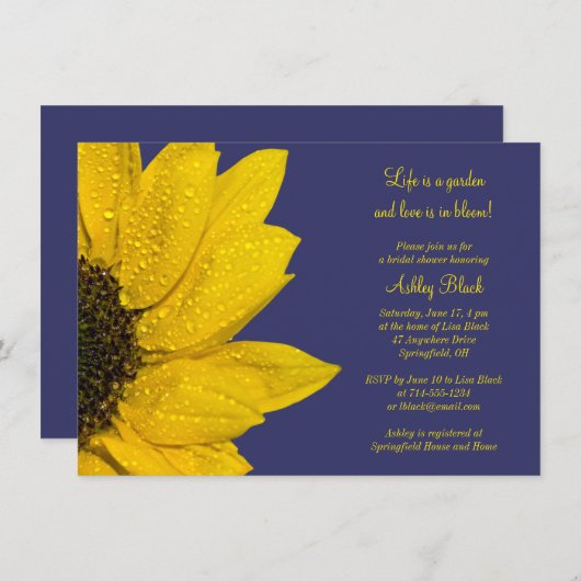 Gele Sunflower Navy Bridal Shower Uitnodiging (Voorkant / Achterkant)
