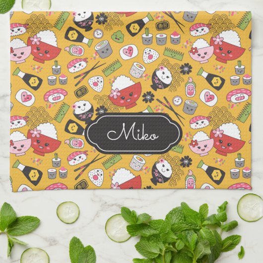 Gele sushi gepersonaliseerd Schattige patroon Theedoek (Gevouwen)