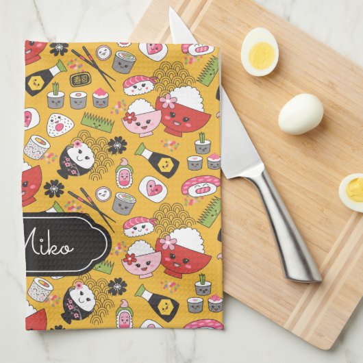 Gele sushi gepersonaliseerd Schattige patroon Theedoek (Quarter Fold)