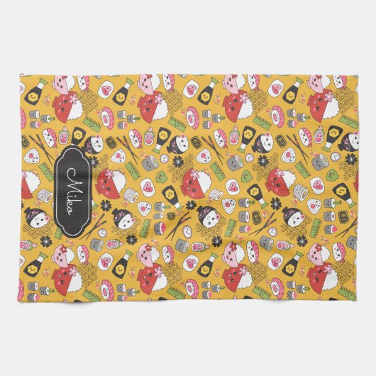 Gele sushi gepersonaliseerd Schattige patroon Theedoek (Horizontaal)