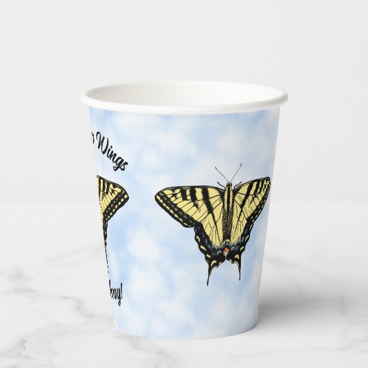 Gele Swallowtail Butterfly Blue Sky Gepersonalisee Papieren Bekers (Achterkant)