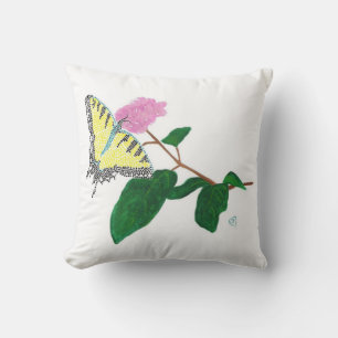 Gele Swallowtail Butterfly op Roze Bloem Kussen