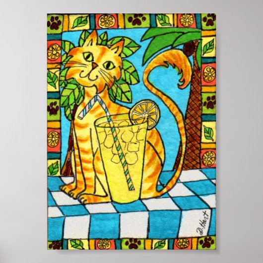 Gele tablet Cat & Glass of limonade Mini Folk Art Poster (Voorkant)