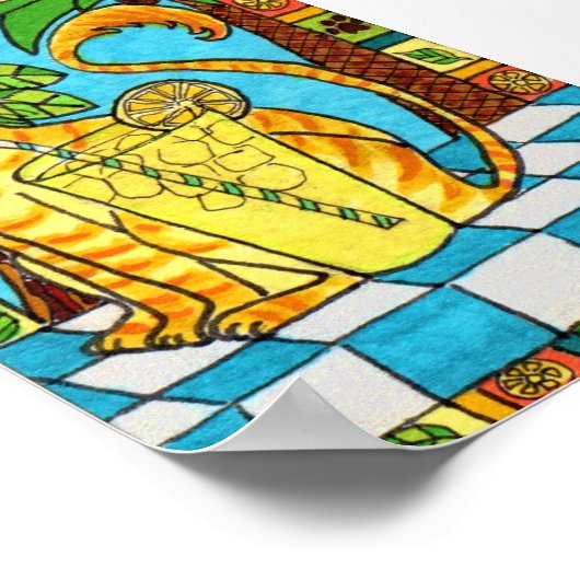 Gele tablet Cat & Glass of limonade Mini Folk Art Poster (Hoek)