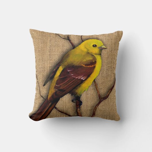 Gele Tanager op Burlap, Branches, Artwork Kussen (Voorkant)