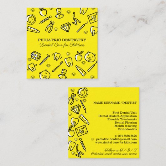 Gele tandheelkundige tandheelkunde voor kinderen vierkante visitekaartje (Voorkant / Achterkant)