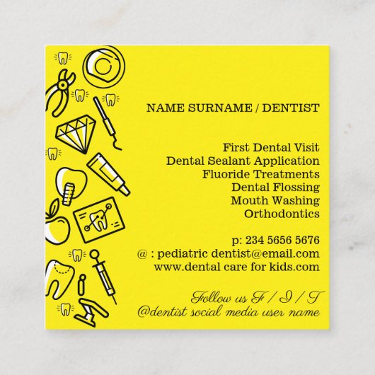 Gele tandheelkundige tandheelkunde voor kinderen vierkante visitekaartje (Achterkant)