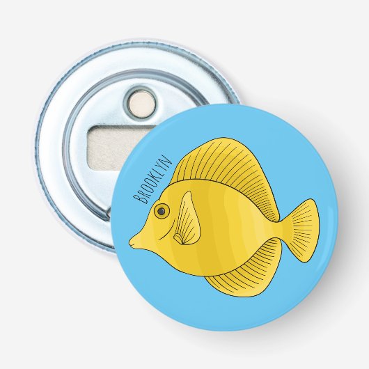 Gele tang vis cartoon illustratie button flesopener (Voorkant)