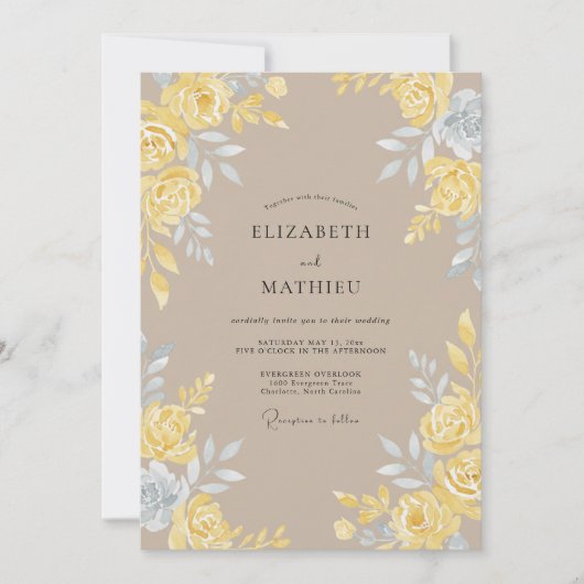 Gele Taupe Rozen Bruiloft Kaart (Voorkant)