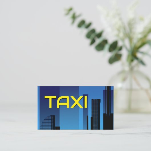 Gele TAXI blauwe cityskyline taxichauffeur cabdriv Visitekaartje (Staand voorkant)