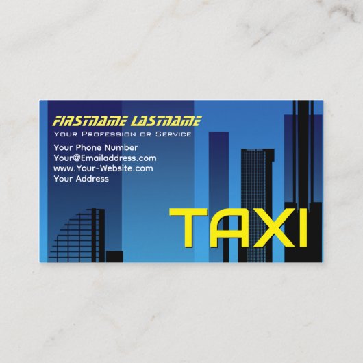 Gele TAXI blauwe cityskyline taxichauffeur cabdriv Visitekaartje (Achterkant)
