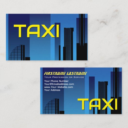 Gele TAXI blauwe cityskyline taxichauffeur cabdriv Visitekaartje (Voorkant / Achterkant)