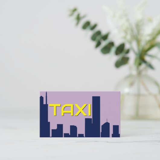 Gele TAXI blauwe cityskyline taxichauffeur cabdriv Visitekaartje (Staand voorkant)