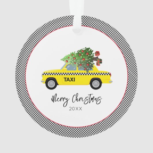 Gele Taxi Cab Checkerboard Merry kerstboom Ornament (achterkant)