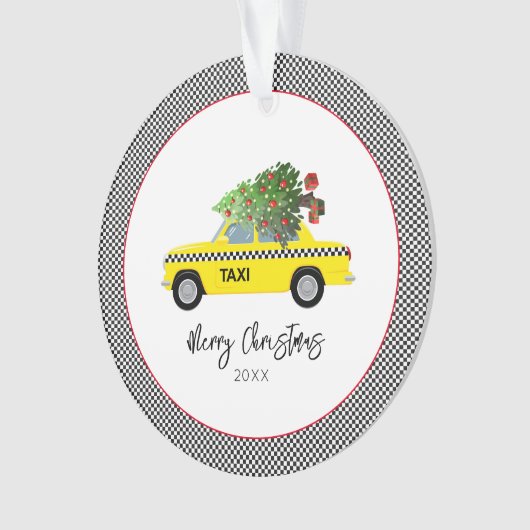 Gele Taxi Cab Checkerboard Merry kerstboom Ornament (voorkant)