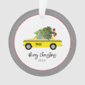 Gele Taxi Cab Checkerboard Merry kerstboom Ornament (voorkant)