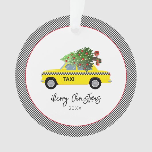 Gele Taxi Cab Checkerboard Merry kerstboom Ornament (voorkant)