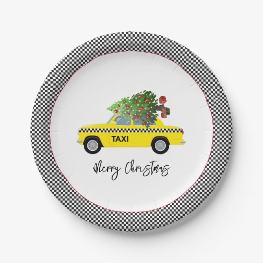 Gele Taxi Cab Checkerboard Merry kerstboom Papieren Bordje (Voorkant)