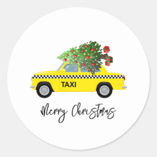 Gele Taxi Cab Merry Kerstmis Holiday Fun Ronde Sticker