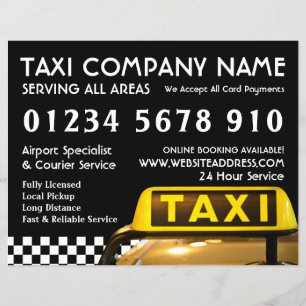 Gele taxi cabine bord met prijslijstreclame flyer