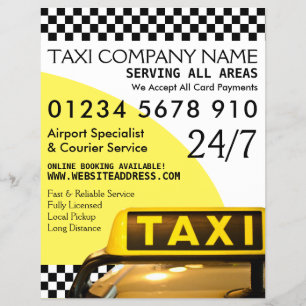 Gele taxi cabine bord met prijslijstreclame flyer