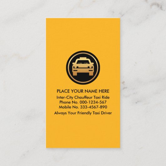 gele taxi in de schijnwerpers op taxichauffeur visitekaartje (Achterkant)